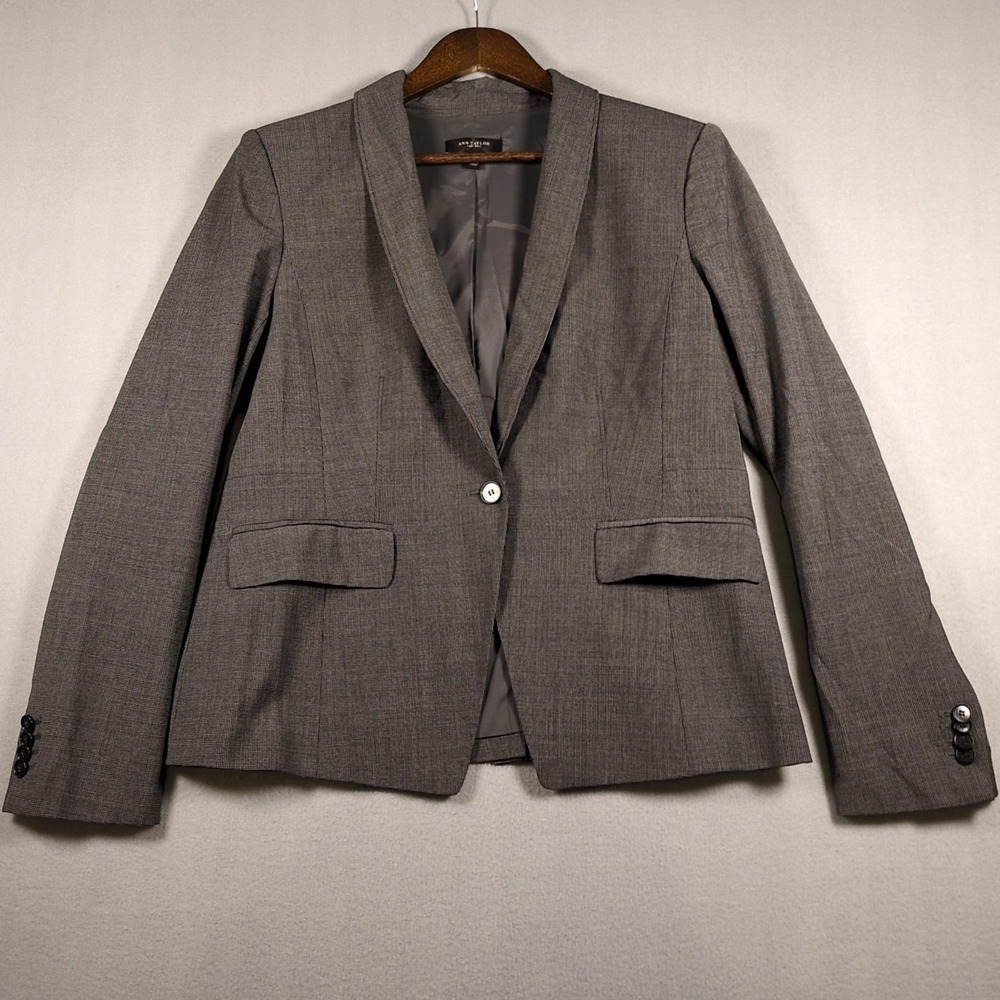 Ann Taylor SZ 12 Womens Blazer Grey Houndstooth Lined Single Button Jacket Wool